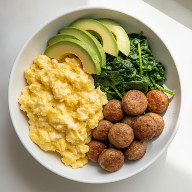 Creamy Scrambled Eggs with Turkey Sausage and Sautéed Spinach