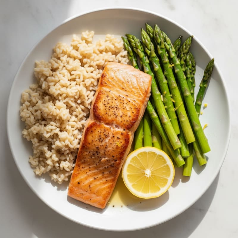 Seared Salmon with Steamed Asparagus and Brown Rice