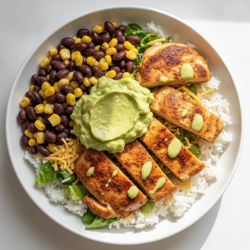 Zesty Chicken Thigh Burrito Bowl with Creamy Guacamole
