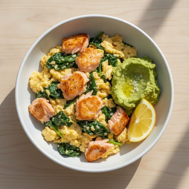 Seared Salmon and Spinach Scramble with Smashed Avocado