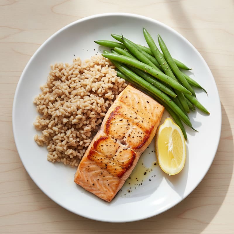 Seared Salmon with Steamed Green Beans and Brown Rice