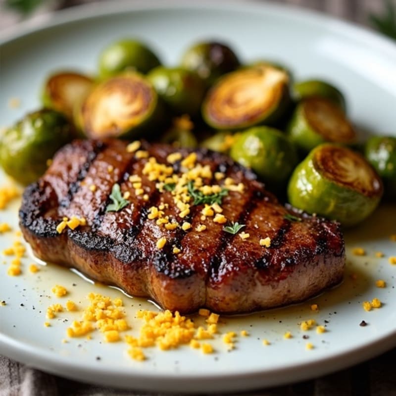 Seared Steak with Crispy Roasted Brussels Sprouts and Shredded Cheese