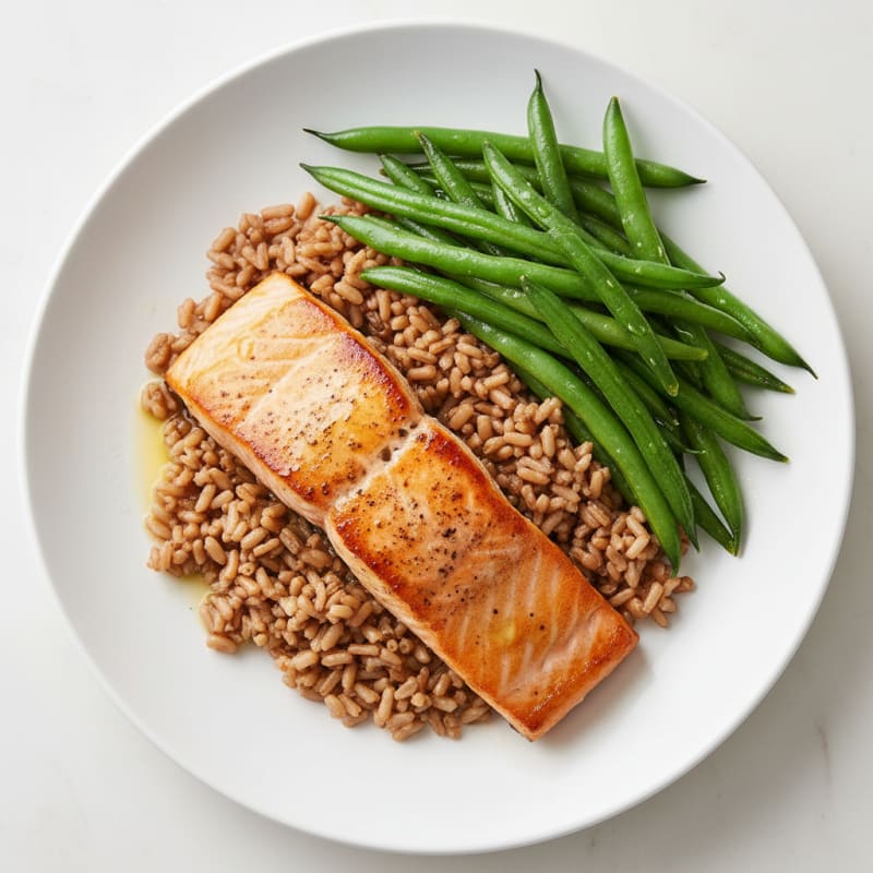 Seared Salmon Fillet with Steamed Green Beans and Brown Rice