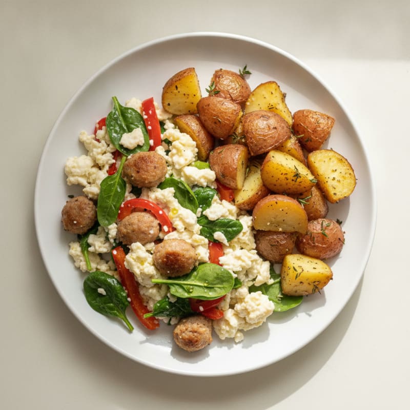 Egg White and Chicken Sausage Scramble with Roasted Potatoes