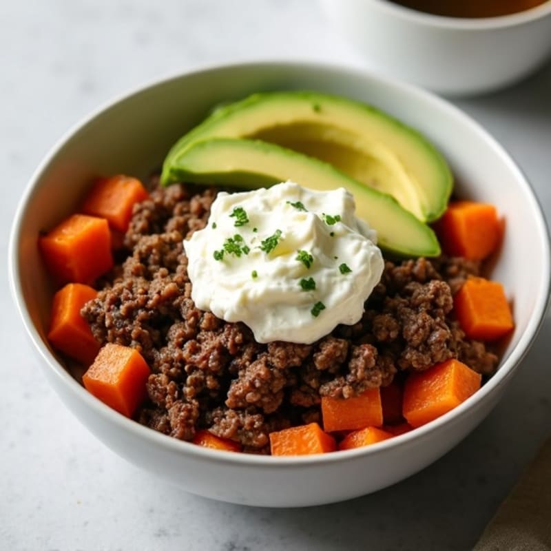 Ground Beef and Roasted Sweet Potato Bowl with Creamy Cottage Cheese and Avocado