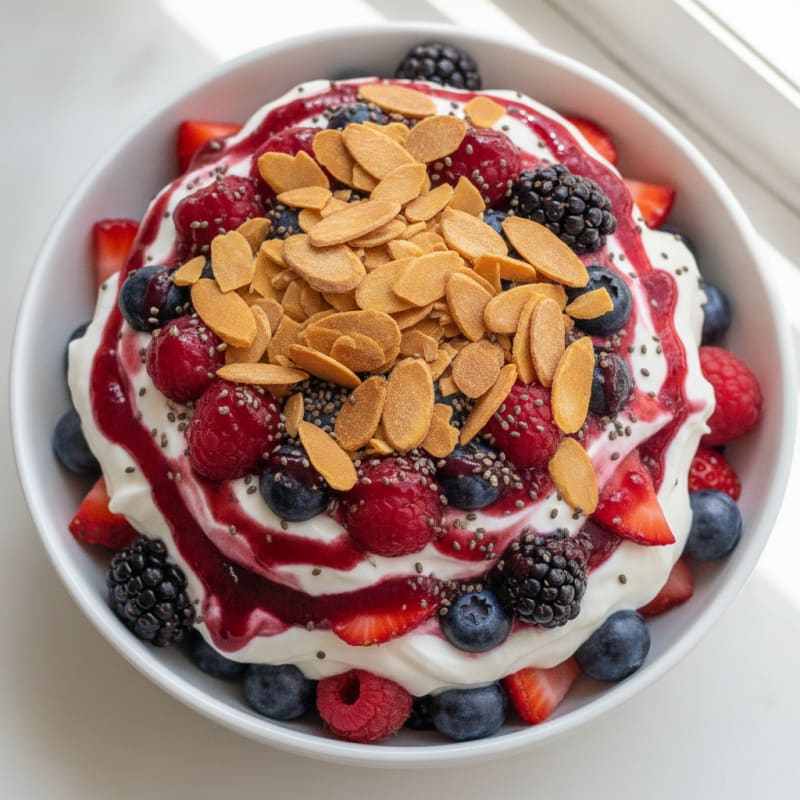 Greek Yogurt Protein Parfait with Mixed Berries and Almonds