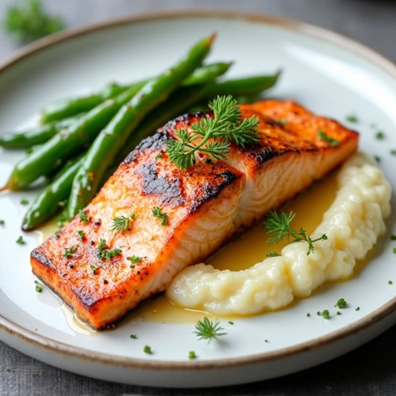 Seared Salmon with Garlic Green Beans and Cauliflower Mash