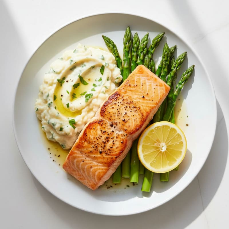 Seared Salmon with Steamed Asparagus and Mashed Cauliflower
