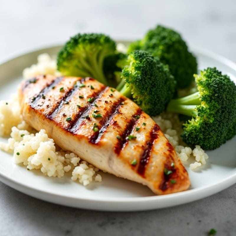 Grilled Chicken Breast with Steamed Broccoli and Cauliflower Rice