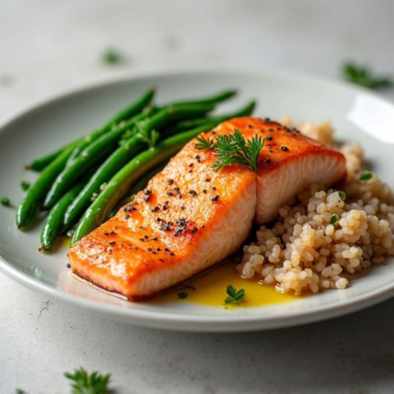Seared Salmon Fillet with Steamed Green Beans and Brown Rice