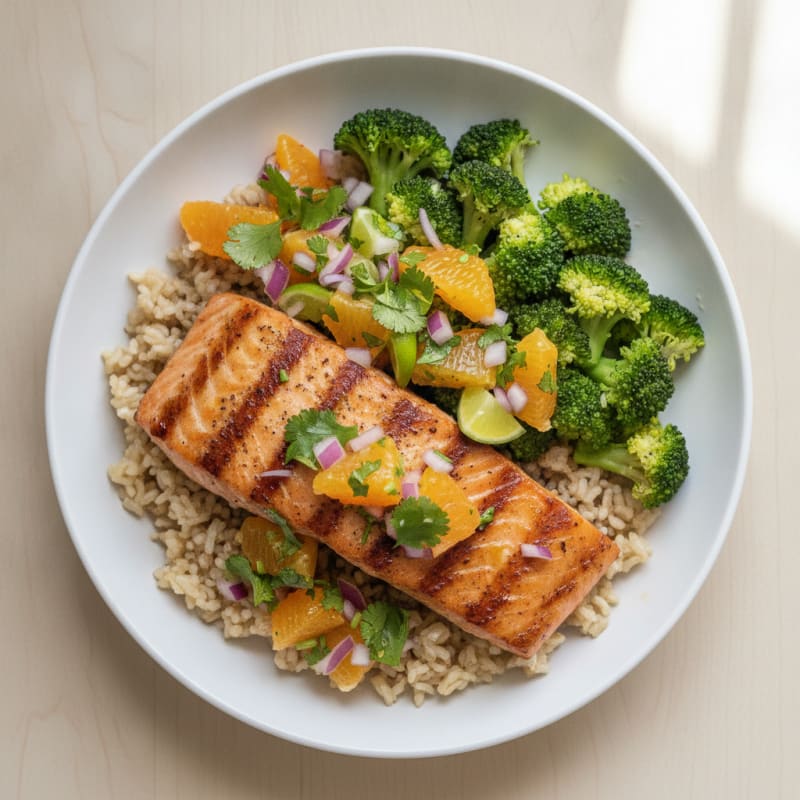 Grilled Salmon Rice Bowl with Steamed Broccoli and Citrus Salsa