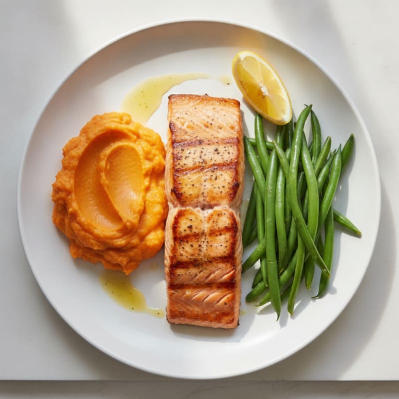 Seared Salmon with Steamed Green Beans and Sweet Potato Mash