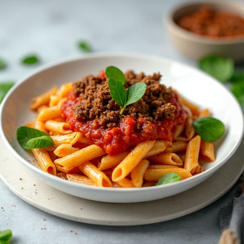Lean Beef Pasta with Tomato Sauce and Fresh Spinach