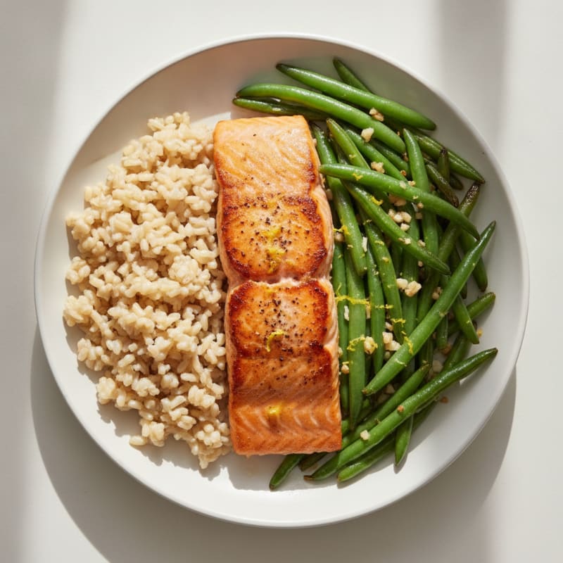Seared Salmon with Garlic Green Beans and Brown Rice