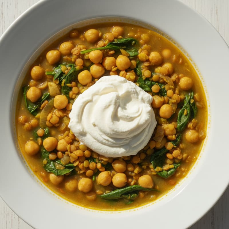 Lentil and Chickpea Stew with Silky Cottage Cheese Topping