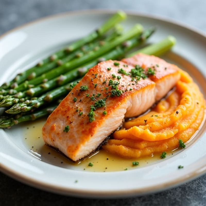Seared Salmon with Steamed Asparagus and Sweet Potato Mash