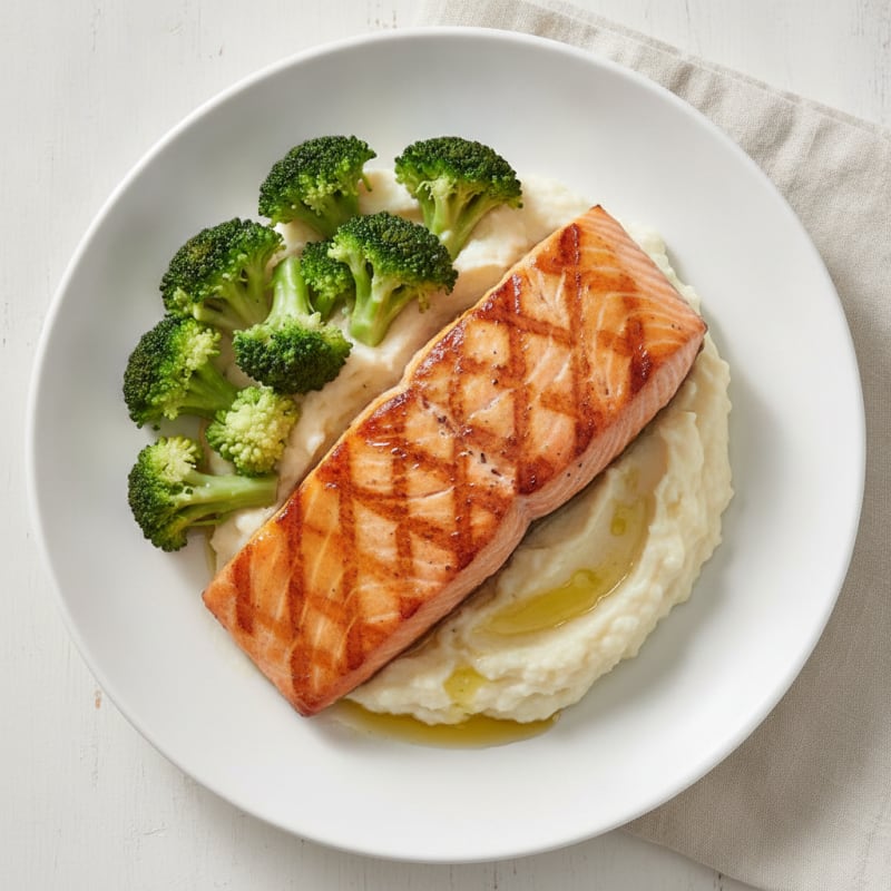 Grilled Salmon Fillet with Steamed Broccoli and Garlic Cauliflower Mash