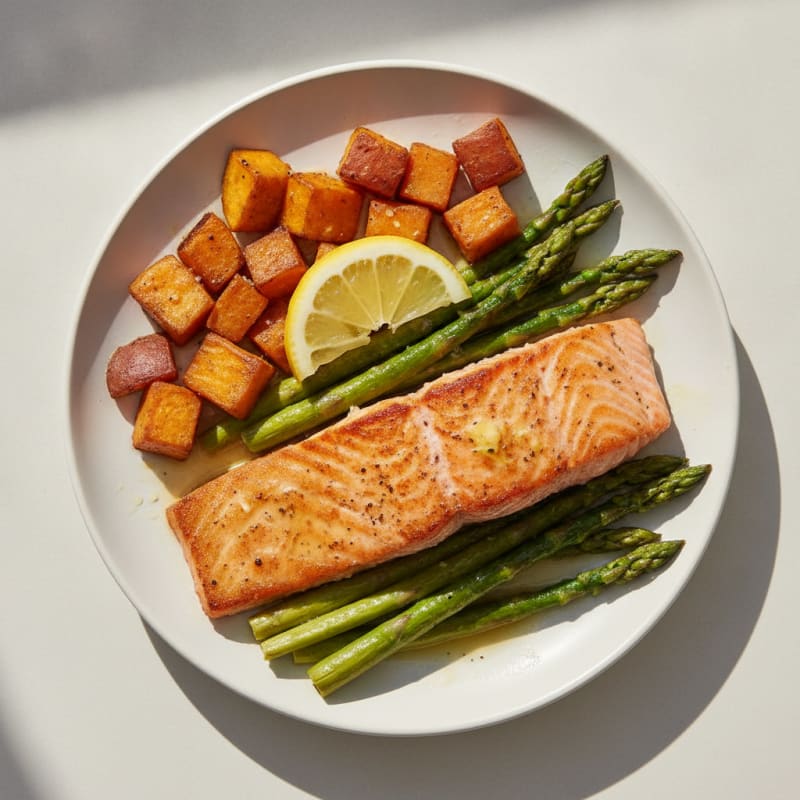 Seared Salmon with Roasted Sweet Potatoes and Asparagus