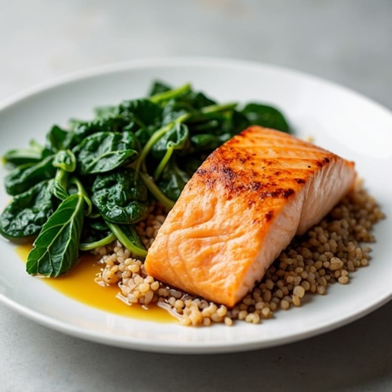 Seared Salmon Fillet with Steamed Brown Rice and Sauteed Spinach