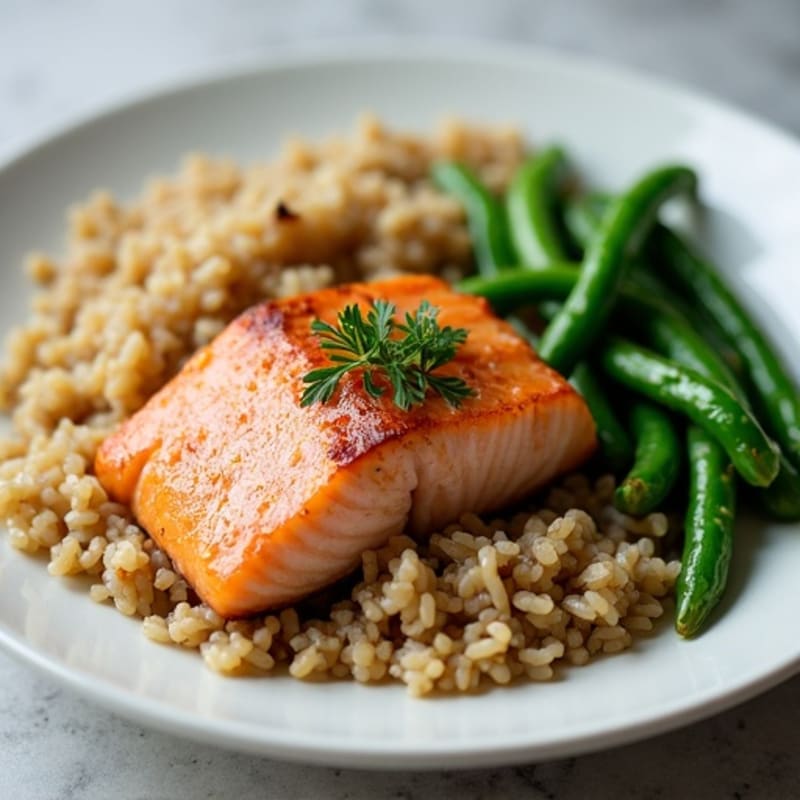Seared Salmon Fillet with Garlic Green Beans and Brown Rice