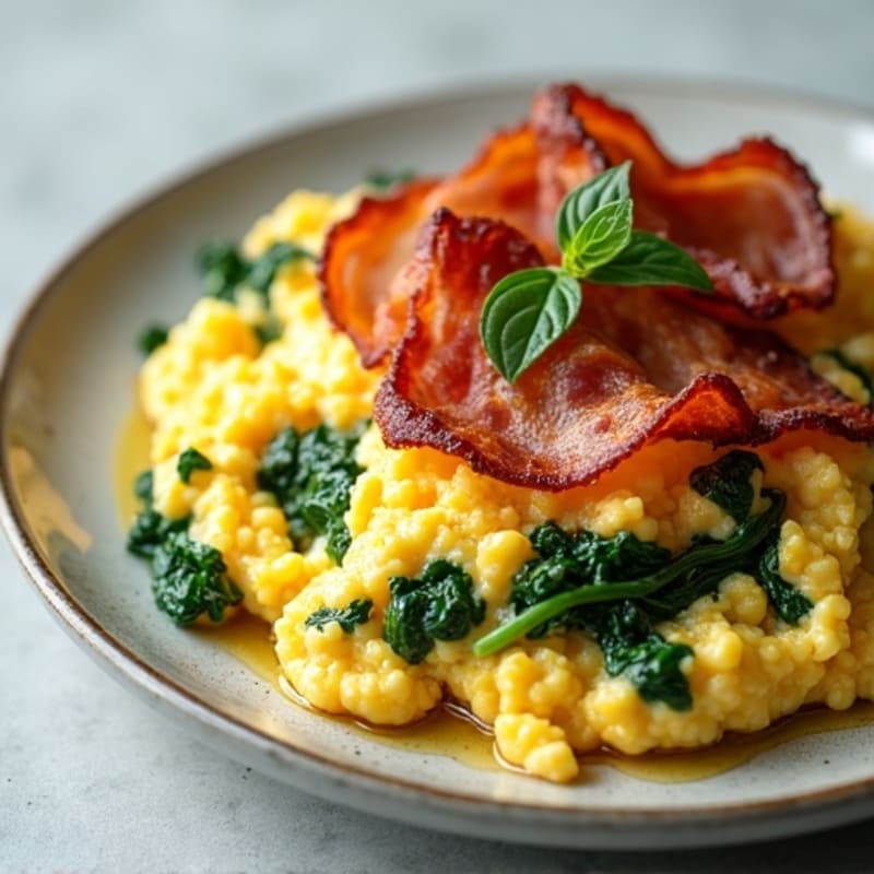 Cottage Cheese Egg White Scramble with Sautéed Spinach and Turkey Bacon