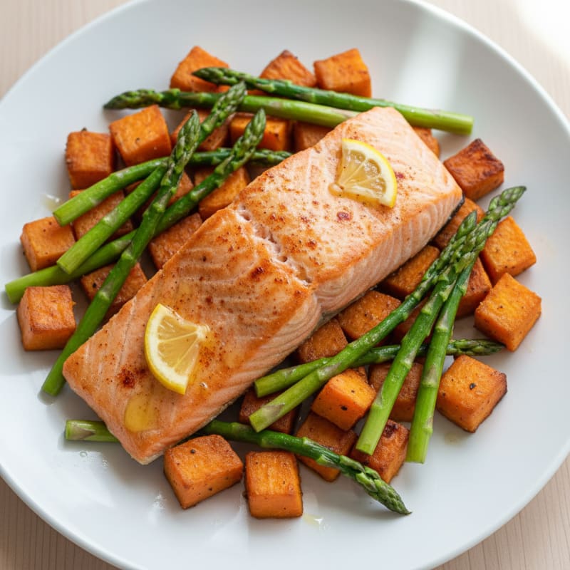 Seared Salmon Fillet with Roasted Sweet Potatoes and Asparagus