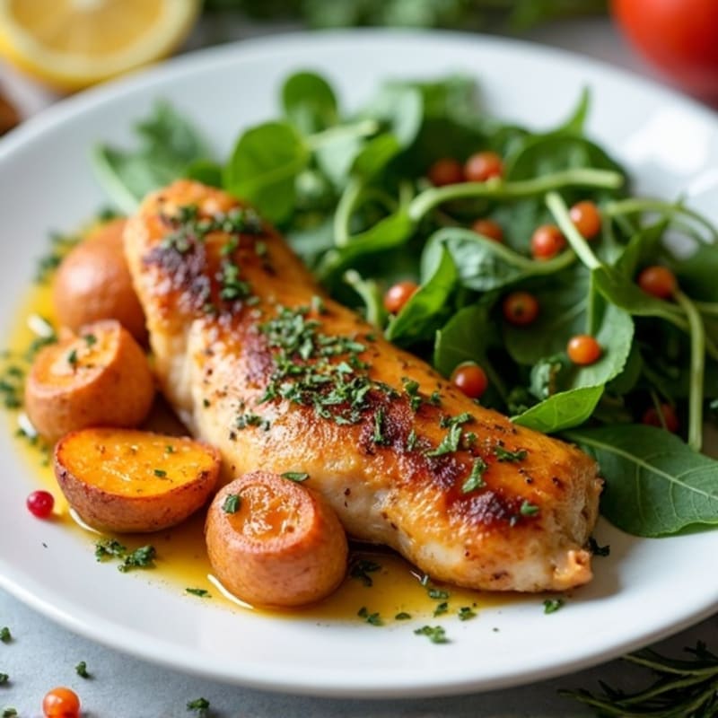 Lemon Herb Roasted Chicken with Roasted Sweet Potatoes and Greens