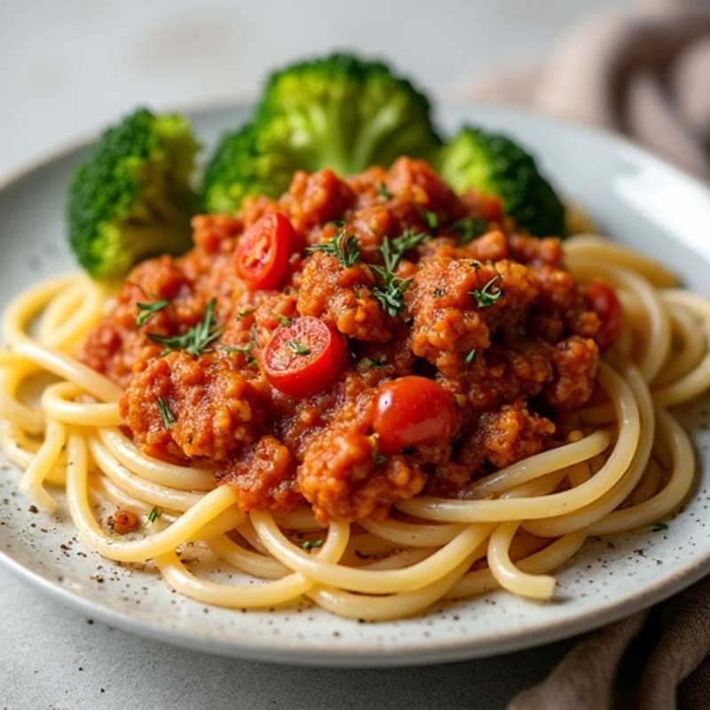Hearty Lean Turkey Meat Sauce with Whole Wheat Spaghetti and Roasted Broccoli