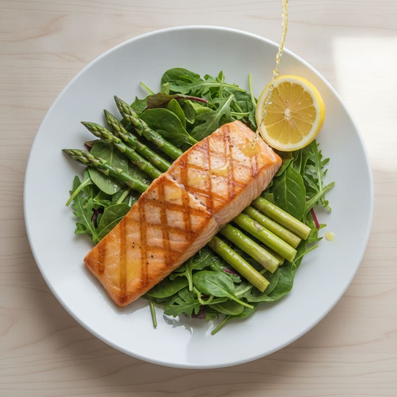 Seared Salmon Fillet with Steamed Asparagus and Baby Greens