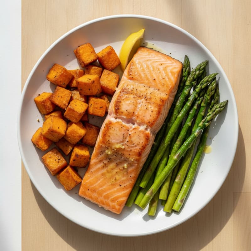 Seared Salmon Fillet with Roasted Sweet Potato and Asparagus