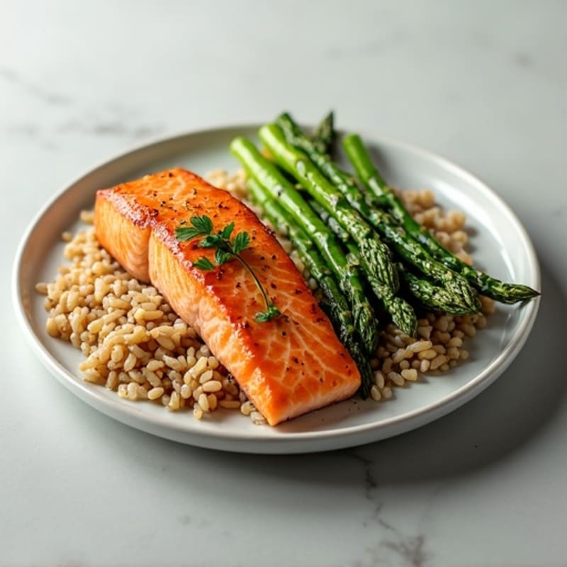 Seared Salmon Fillet with Steamed Asparagus and Brown Rice