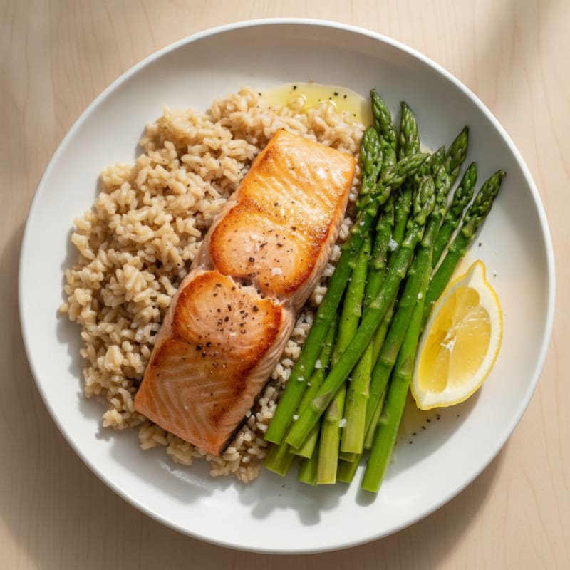 Seared Salmon Fillet with Steamed Asparagus and Brown Rice