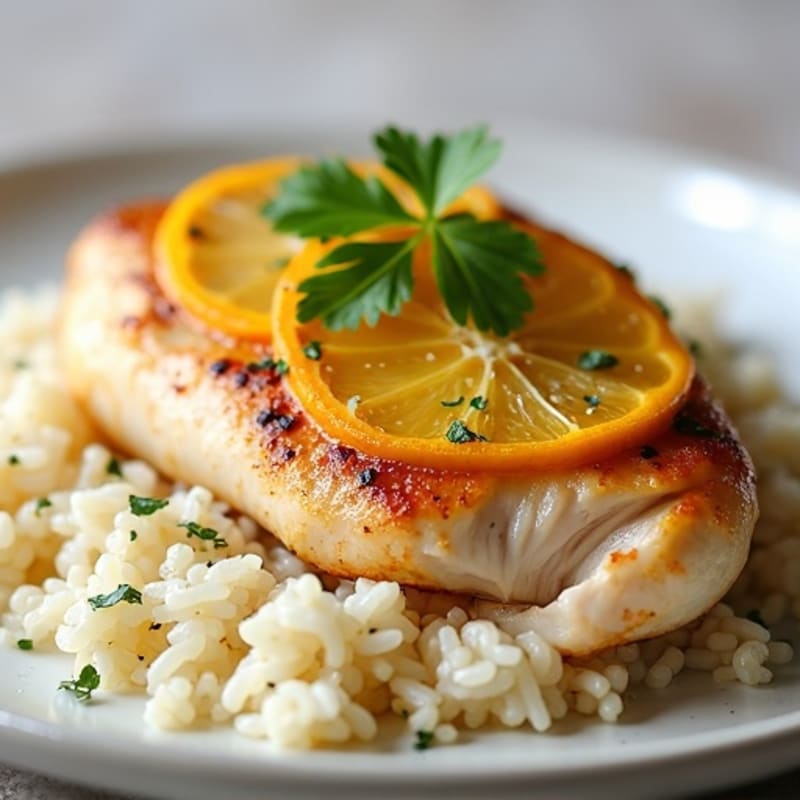 Citrus-Garlic Pan Seared Chicken with Fluffy Rice