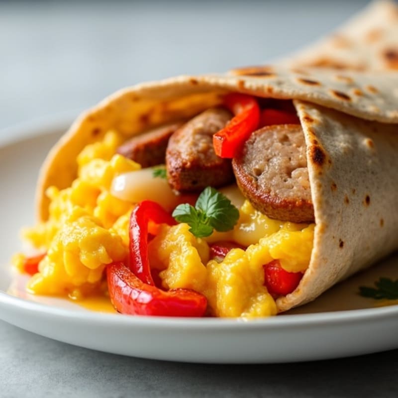 Lean Turkey Sausage, Fluffy Scrambled Egg, and Roasted Vegetable Breakfast Burrito