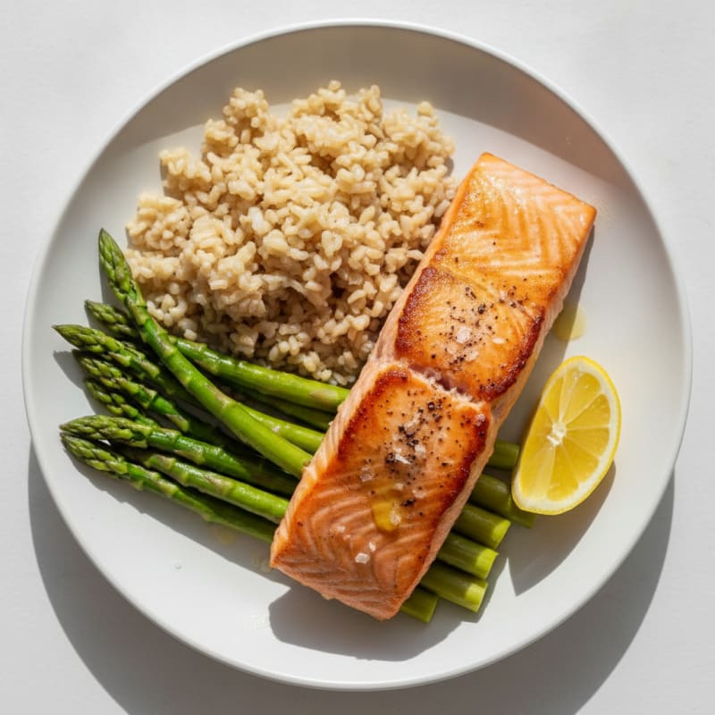 Seared Salmon with Steamed Asparagus and Brown Rice