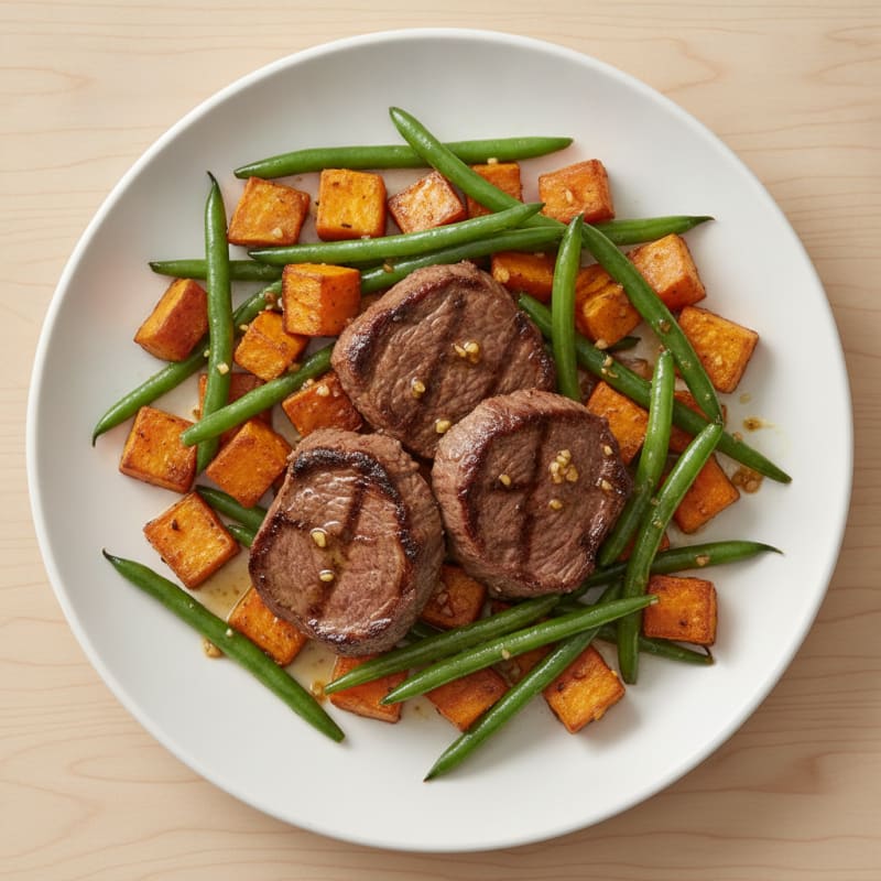 Seared Lean Beef with Roasted Sweet Potato and Green Beans