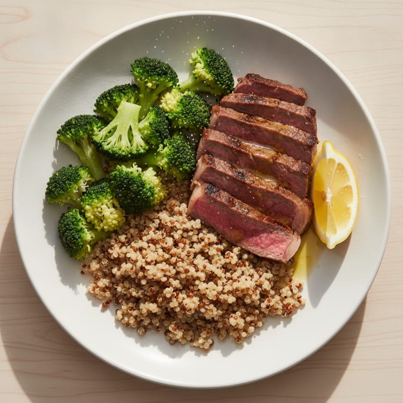 Seared Lean Beef with Steamed Broccoli and Quinoa