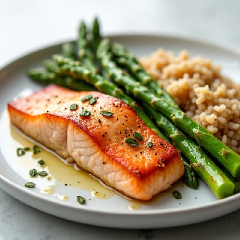 Seared Salmon with Steamed Asparagus and Brown Rice