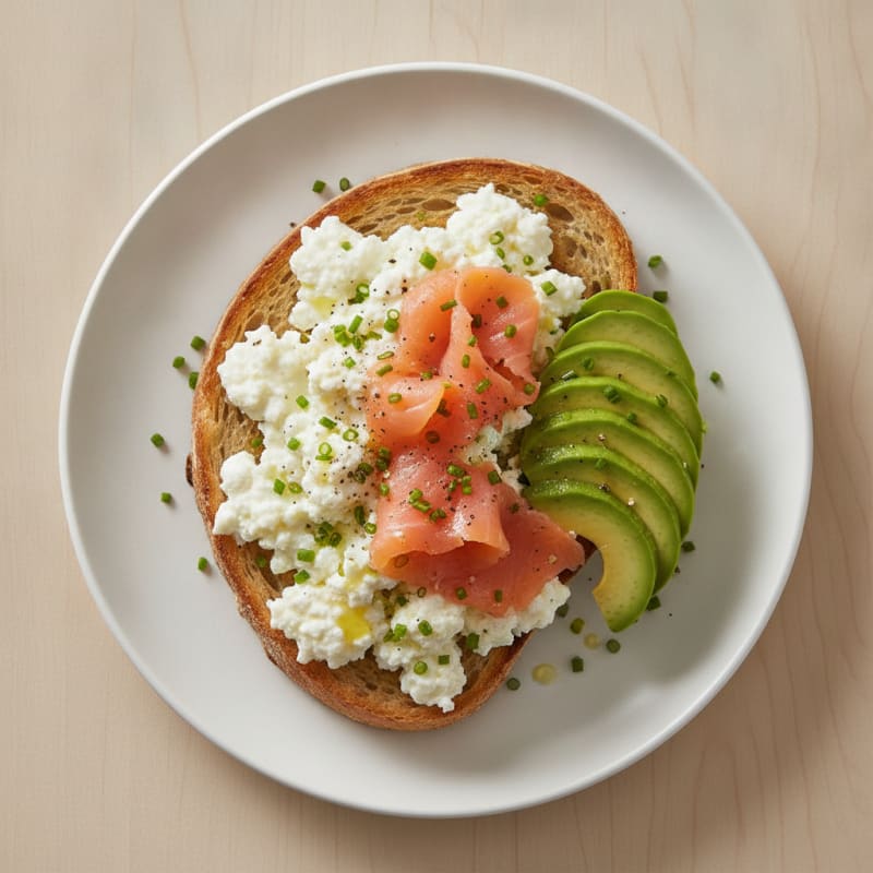 Cottage Cheese Egg White Scramble with Smoked Salmon and Avocado