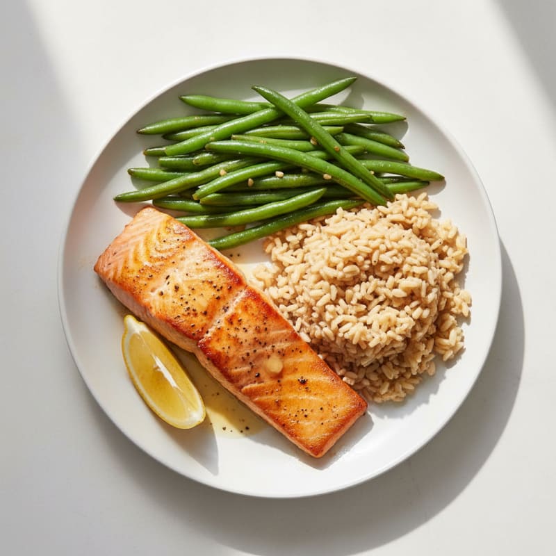 Seared Salmon with Garlic Green Beans and Brown Rice