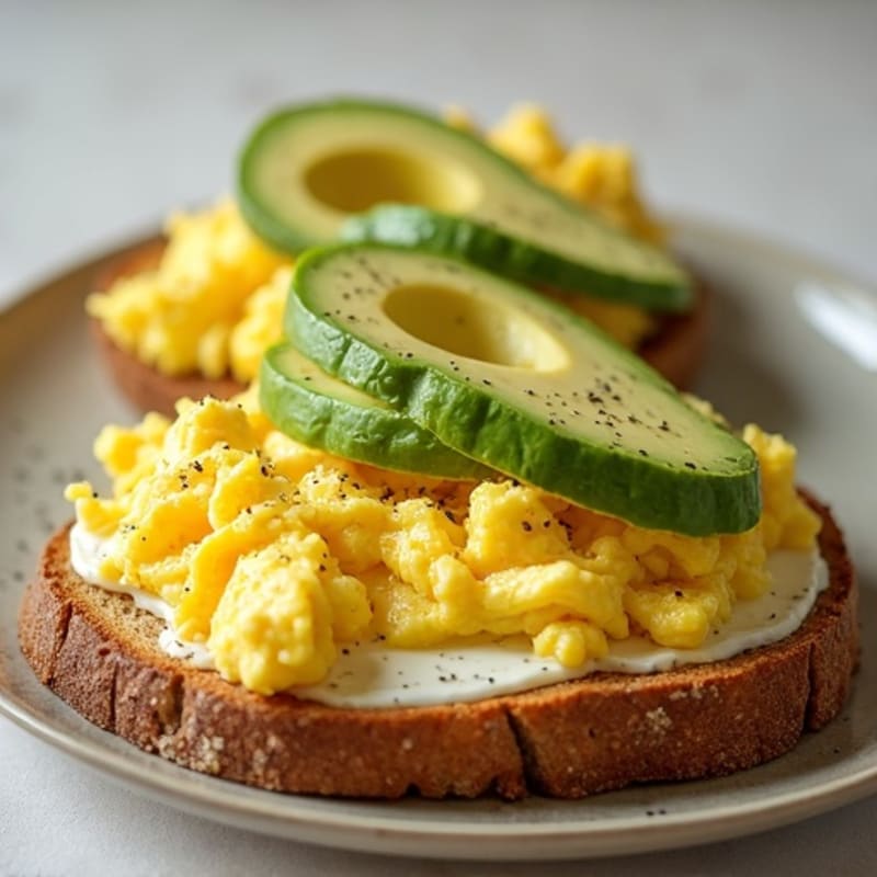 Crispy Sourdough Toast with Creamy Scrambled Eggs and Sliced Avocado