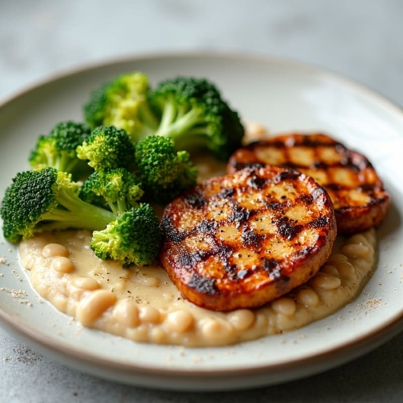 Grilled Tempeh Steaks with Creamy White Bean Mash and Steamed Broccoli