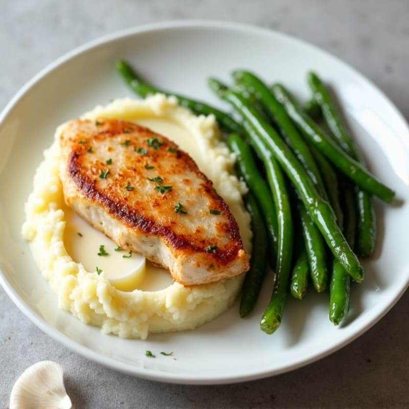 Pan-Seared Chicken with Creamy Garlic Mashed Potatoes and Roasted Green Beans