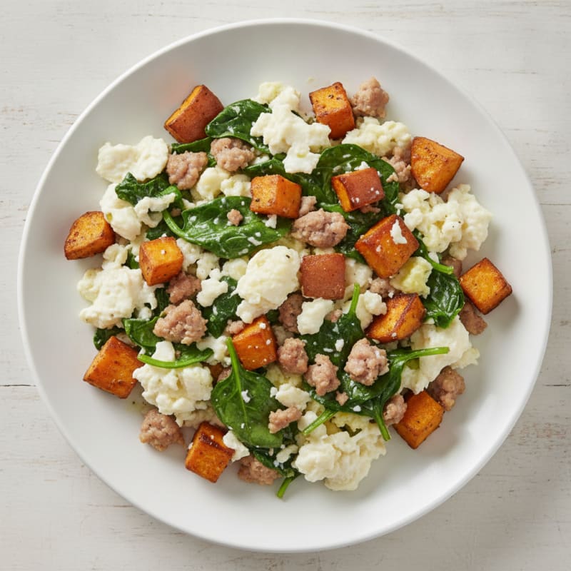 Egg White and Turkey Sausage Scramble with Spinach and Roasted Sweet Potatoes