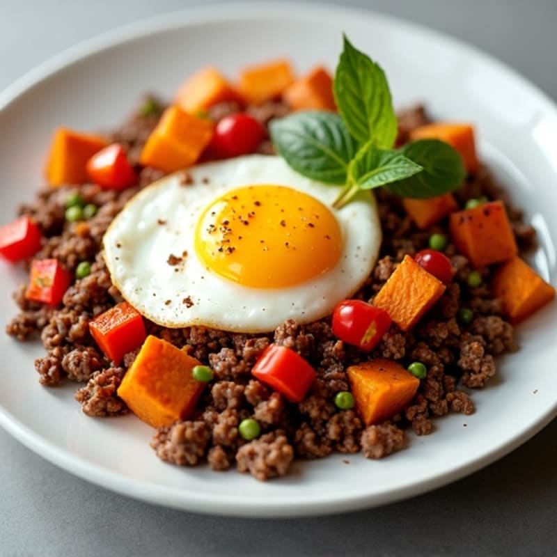 Savory Ground Beef and Roasted Sweet Potato Hash