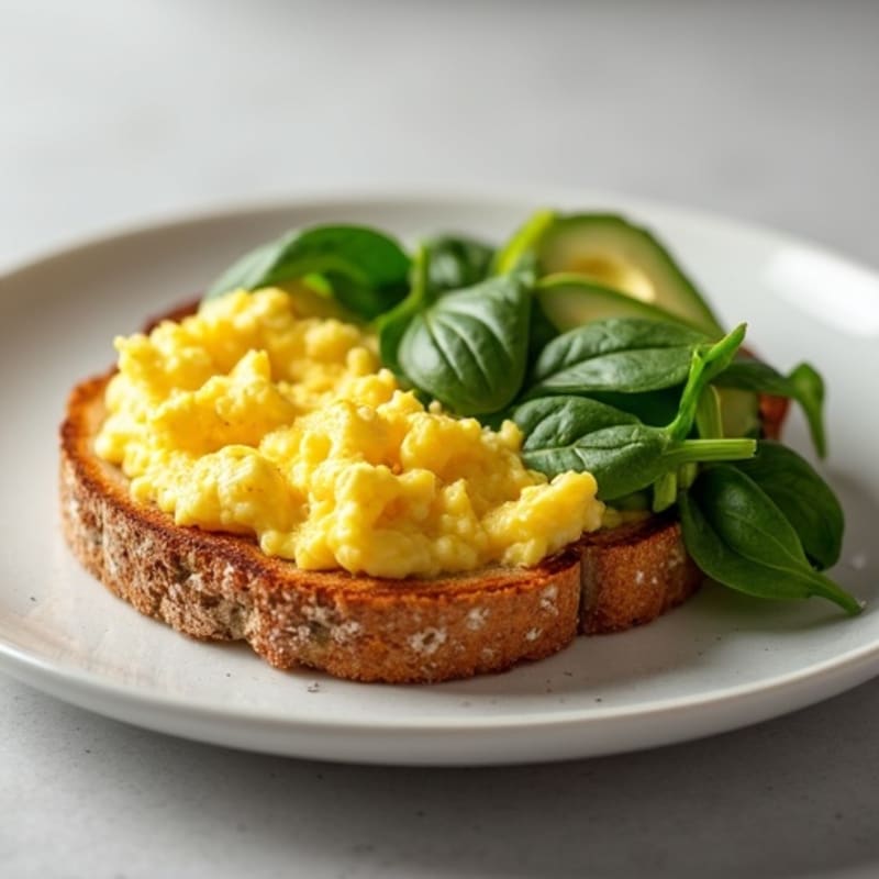 Crispy Sourdough Toast with Scrambled Eggs, Fresh Spinach, and Creamy Avocado
