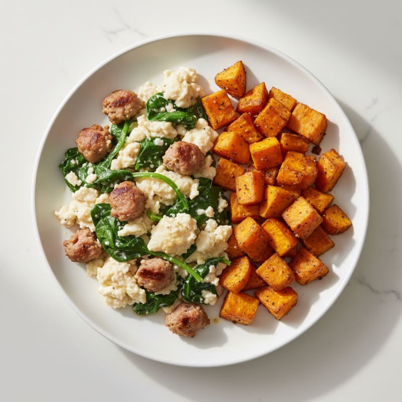 Egg White and Turkey Sausage Scramble with Spinach and Roasted Sweet Potatoes