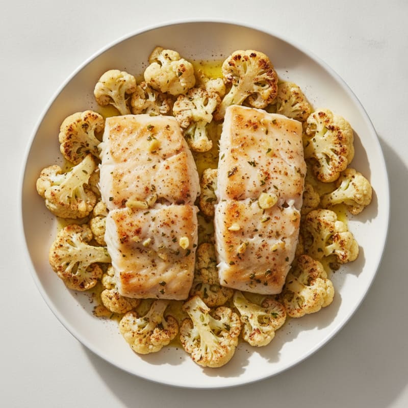 Baked Cod with Roasted Cauliflower and Olive Oil Drizzle