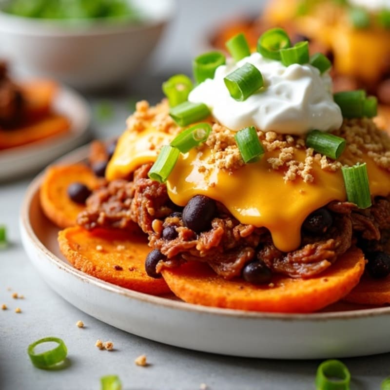 Tender Pulled Pork Loaded Sweet Potato Nacho Bake