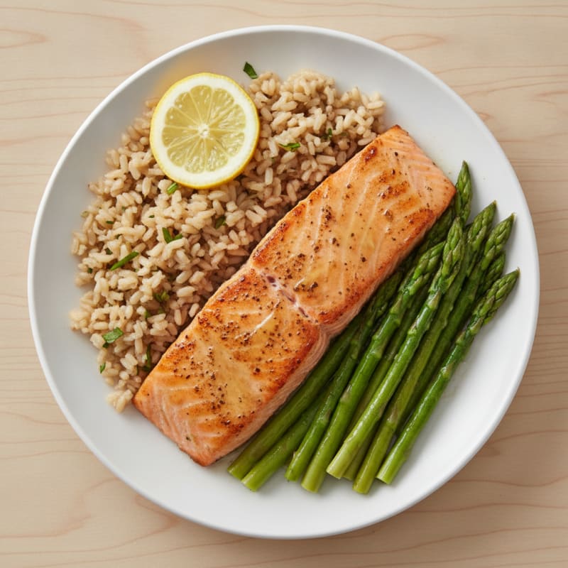 Seared Salmon with Steamed Asparagus and Brown Rice